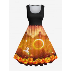 Plus Size Halloween Costume Pumpkin Moon Star Tassel Wizard Galaxy Glitter 3D Print 1950s Vintage Dress
