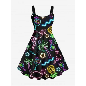 Plus Size Neon Flamingo Coconut Tree Pineapple Stars Juice Print Hawaii A Line Tank Dress