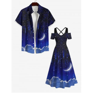 Glitter Galaxy Star Moon Cloud Print Plus Size Matching Hawaii Beach Outfit For Couples