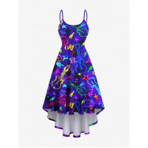 Plus Size Glitter Guitar Star Letters Print Hawaii High Low Asymmetric A Line Cami Dress