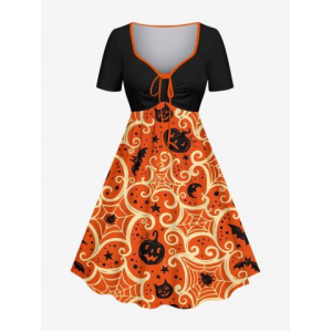 Plus Size Halloween Costume Bat Pumpkin Moon Star Spider Web Print Cinched Dress