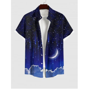 Plus Size Glitter Galaxy Star Moon Cloud Print Hawaii Ombre Button Pocket Shirt For Men