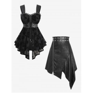 Rose Flower Flocking Mesh Lace-up Lace Trim Asymmetrical Tank Top And Moon Star Zipper Skirt Plus Size Summer Outfit