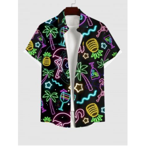 Plus Size Neon Flamingo Coconut Tree Pineapple Stars Juice Print Hawaii Button Pocket Shirt For Men