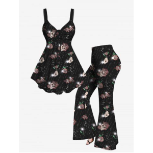 Plus Size Skull Flower Glitter Hands Printed Cinched Tank Top and Flare Pants Disco 70s 80s Outfit