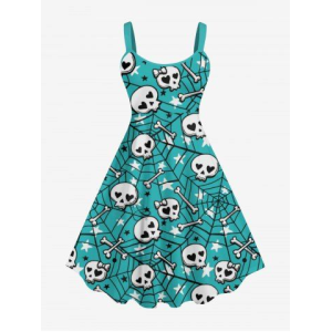 Plus Size Skulls Bone Stars Spider Web Print Halloween A Line Tank Dress