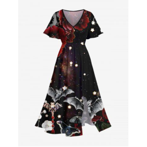 Plus Size Floral Bat Stars Galaxy Print Halloween Costume Split Pocket A Line Midi Dress