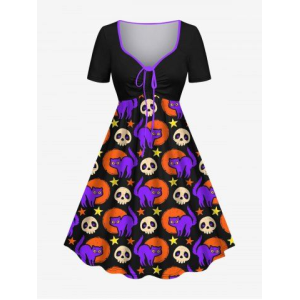 Plus Size Halloween Costume Cute Skull Cat Moon Star Print Cinched Dress
