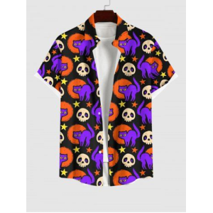 Plus Size Halloween Cute Skull Cat Moon Star Print Buttons Pocket Shirt For Men
