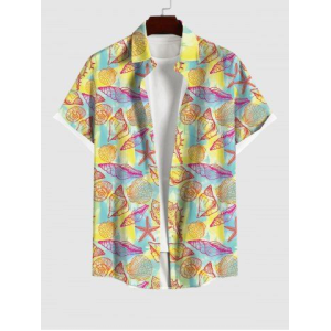 Hawaii Plus Size Shell Conch Starfish Colorblock Print Buttons Pocket Shirt For Men