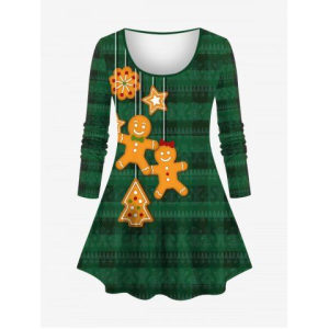 Plus Size Christmas Tree Snowflake Gingerbread Star Plaid Striped Print Ombre Long Sleeves T-shirt