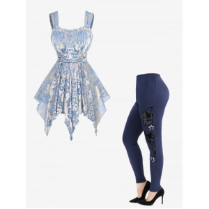Floral Flocking Ruffles Ruched Cinched Asymmetrical Tank Top and Letters Mesh Star Buckle Leggings Plus Size Summer Outfit