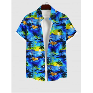 Hawaii Men's Coconut Tree Sea Sun Floral Print Button Pocket Shirt