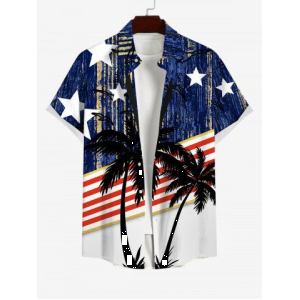 Plus Size Patriotic American Flag Coconut Tree Star Print Buttons Pocket Hawaii Shirt For Men