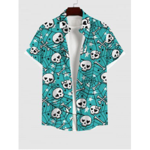 Plus Size Skulls Bone Stars Spider Web Print Halloween Button Pocket Shirt For Men